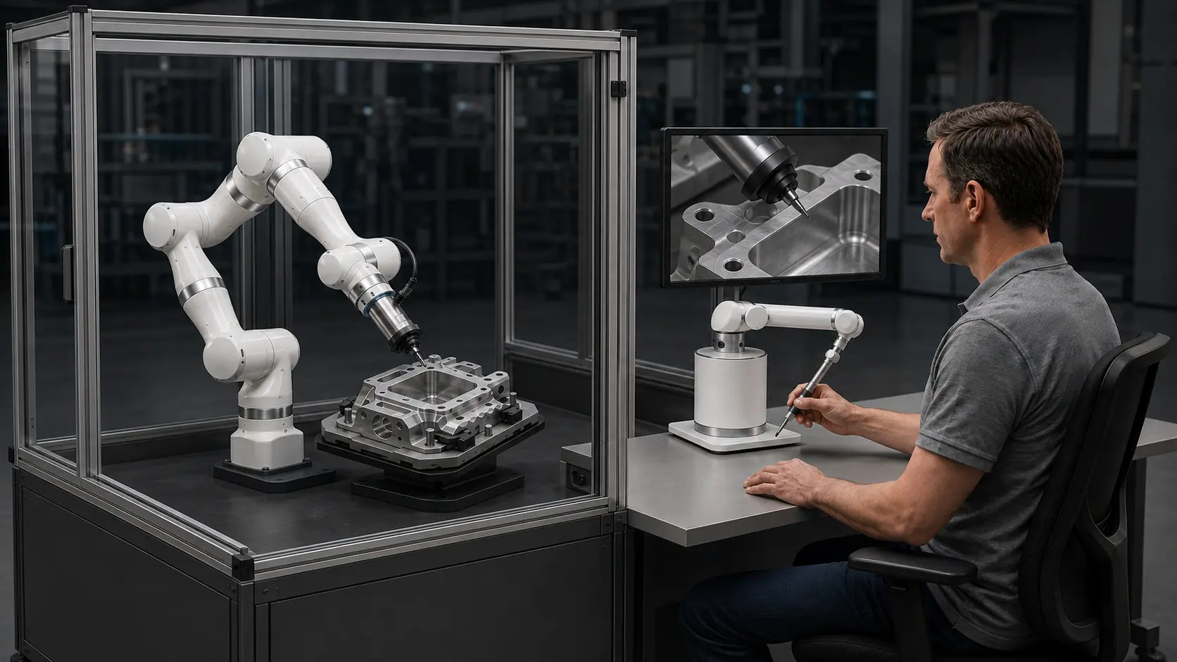 Concept visualization of an operator guiding a robotic tool during precision finishing.