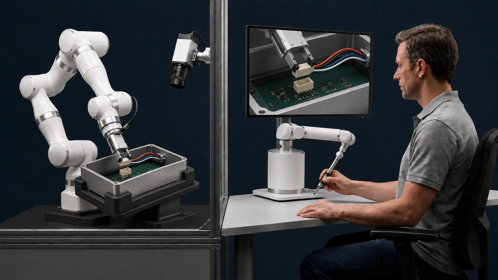 Concept visualization of an operator guiding a robotic gripper during precision handling and assembly.